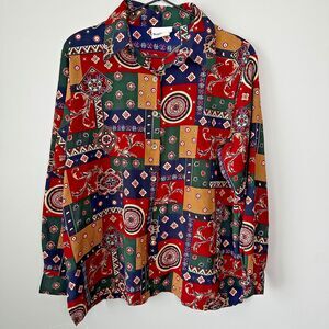 Vintage BonWorth Multicolor Patchwork Button Down Shirt Womens Small Petite